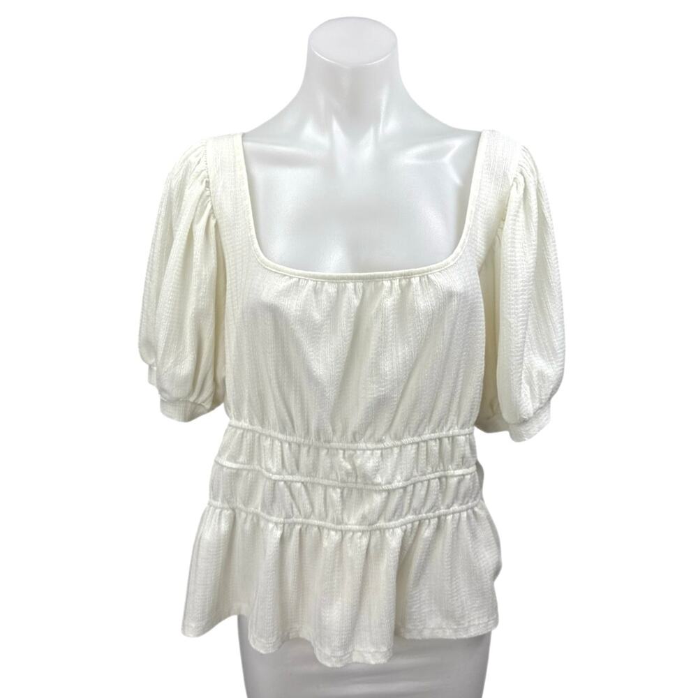 Anthropologie Maeve White Short Puff Sleeve Scoop Neck Peplum Blouse Top Size XL